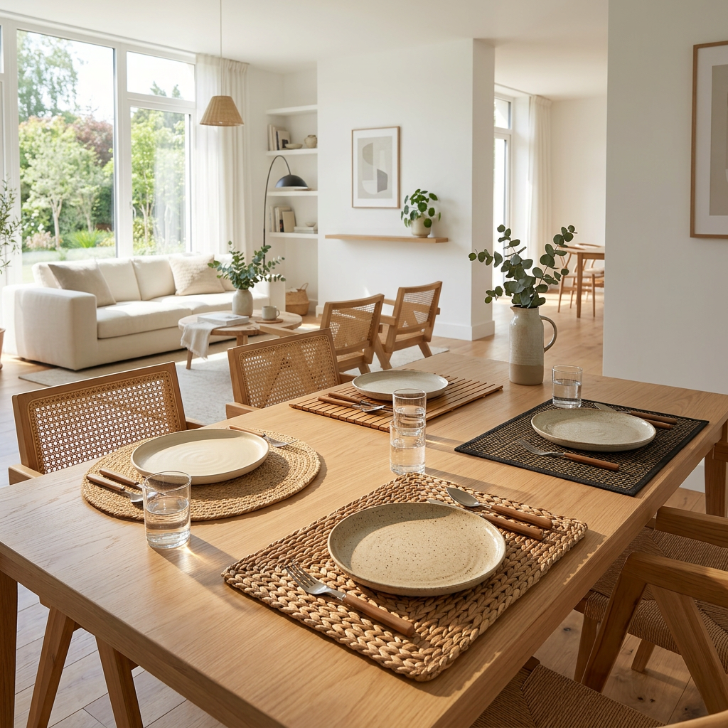 Dining table set with ceramic plates, glasses, and cutlery in a modern living space with natural light and wooden furniture